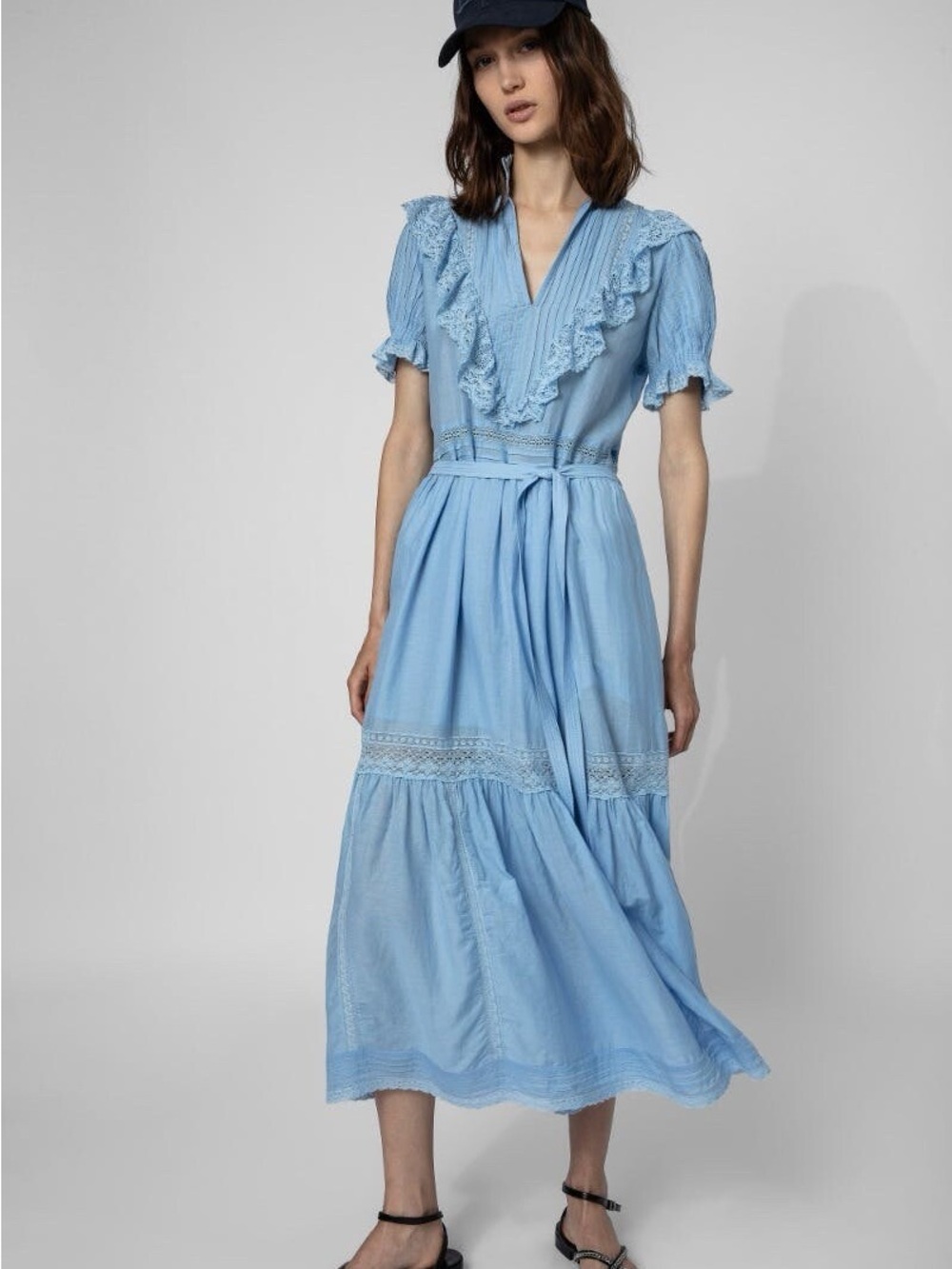 Zadig & Voltaire Light Blue V-Neck Tiered Maxi Dress with Lace Trim